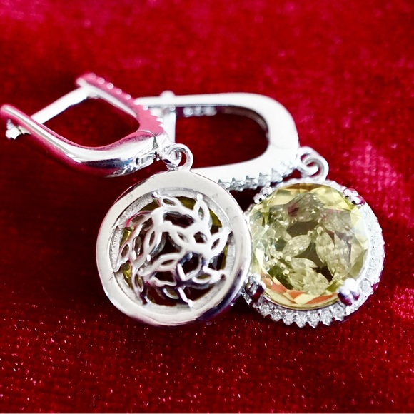 Natural Top Yellow Lemon Quartz White Gold Plated Sterling Earrings - Picture 5 of 7